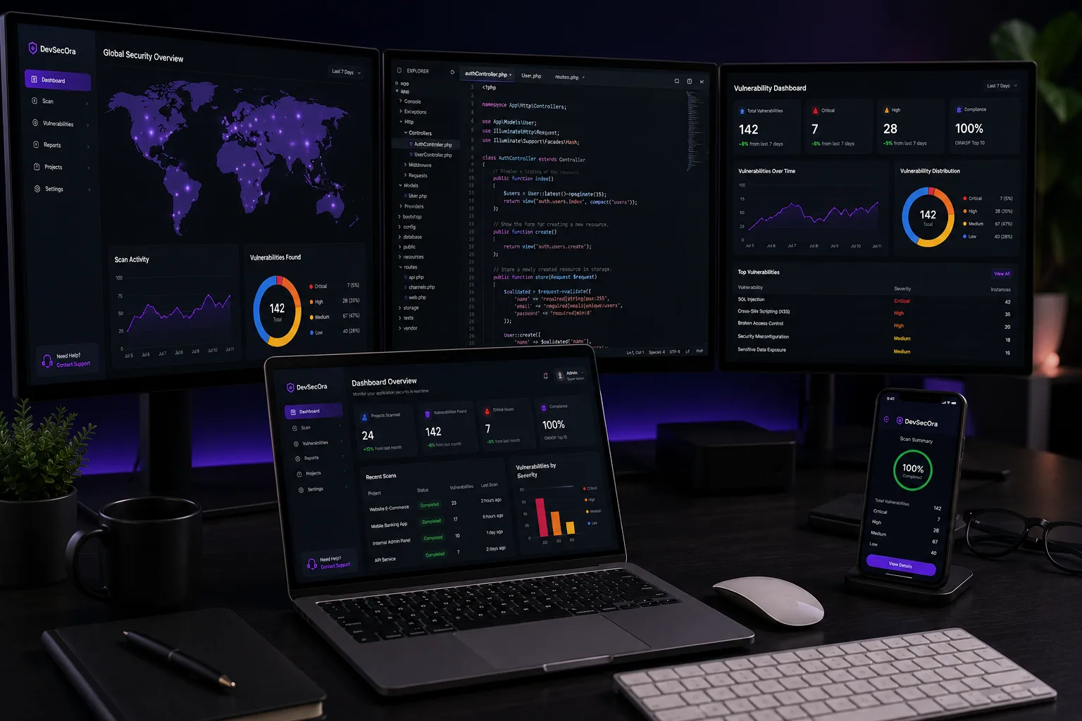 Dashboard keamanan DevSecOra di berbagai perangkat
